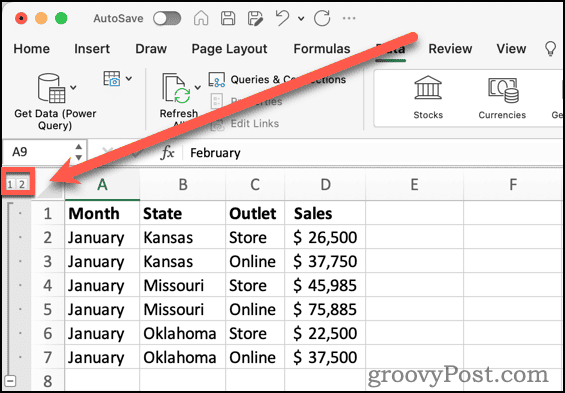 Tombol Tingkat Garis Besar di Excel