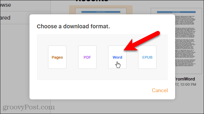 Klik Word pada kotak dialog Pilih format unduhan di Halaman di iCloud