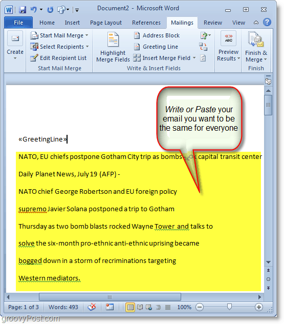 Tangkapan layar Outlook 2010 -menulis konten email massal Anda