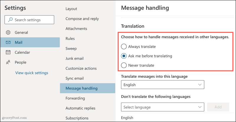 Pengaturan terjemahan di Outlook online