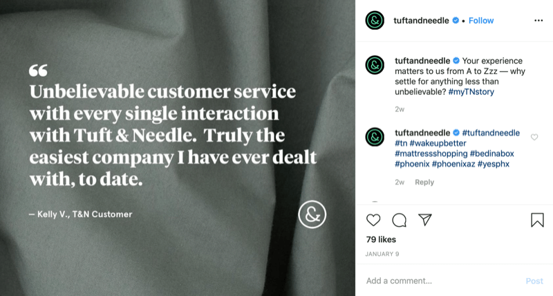 grafik kutipan pelanggan dari akun Instagram Tuft and Needle