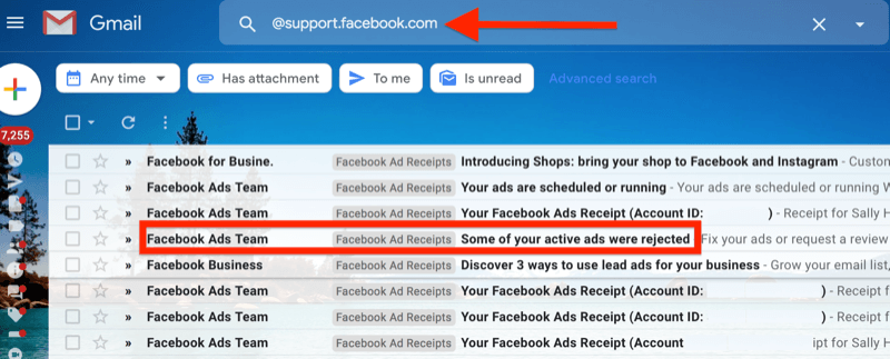 contoh filter gmail untuk @ support.facebook.com untuk memisahkan semua pemberitahuan email iklan facebook
