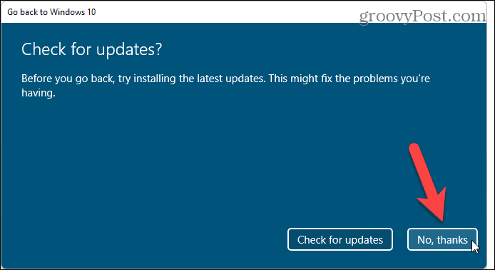 Pilih untuk tidak memeriksa pembaruan saat memutar kembali dari Windows 11 ke Windows 10