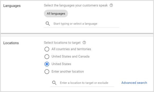Pengaturan Bahasa dan Lokasi untuk kampanye Google AdWords.
