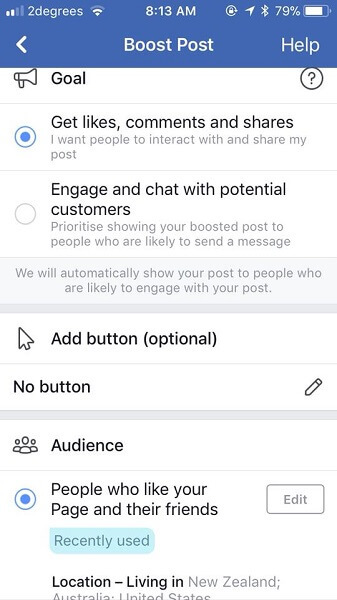 Facebook sekarang menanyakan apa tujuan pemasar ketika mereka meningkatkan posting.