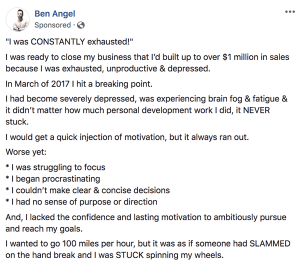 Cara menulis dan menyusun postingan bersponsor Facebook berbasis teks dengan format yang lebih panjang, langkah 1, contoh pernyataan backstory oleh Ben Angel