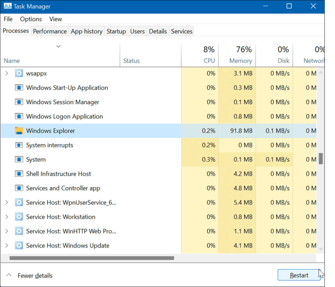 Mulai ulang Windows Explorer, atur ulang pengaturan bilah tugas di Windows 11