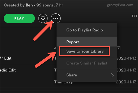 Menyimpan Daftar Putar Spotify ke perpustakaan pengguna