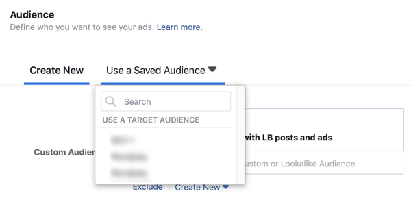 Pilihan untuk menggunakan audiens yang disimpan untuk kampanye iklan utama Facebook.