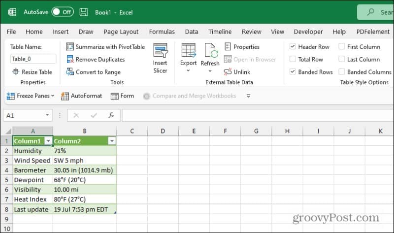 hasil kueri web excel