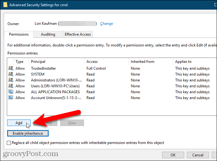 Klik Tambahkan pada kotak dialog Pengaturan Keamanan Tingkat Lanjut di Windows Registry