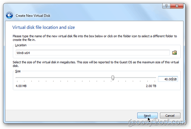 Konfigurasi ukuran disk VirtualBox windows 8