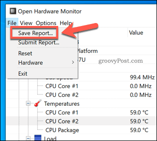 Menyimpan laporan Open Hardware Monitor