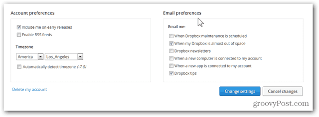 dropbox mengkonfigurasi preferensi email