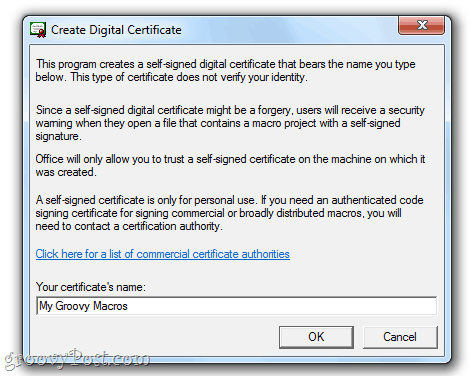 Membuat sertifikat digital yang ditandatangani sendiri di Office 2010