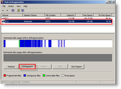 Opsi Disk Defragmenter untuk Windows XP - Analisis dan Defragmentasi