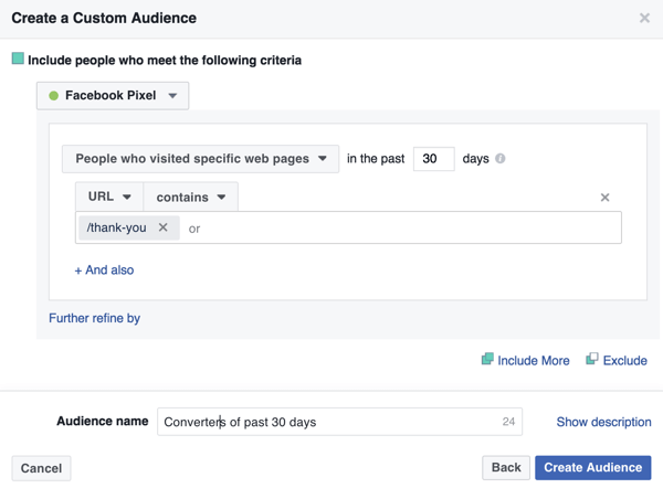 Untuk membuat audiens kustom Facebook pembeli sebelumnya, tambahkan URL halaman terima kasih Anda.