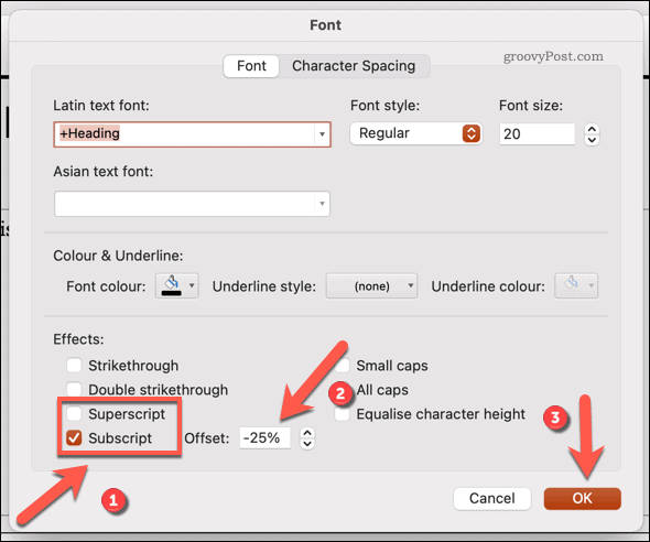 Mengubah font menjadi subskrip atau superskrip di Powerpoint di Mac