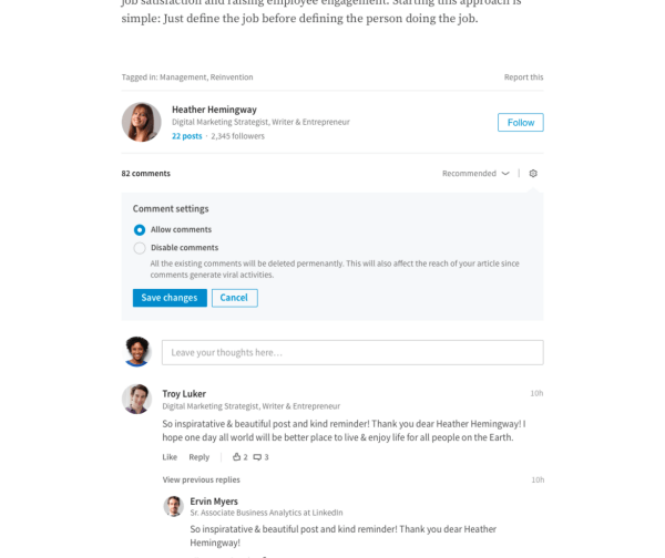 LinkedIn meluncurkan kemampuan penerbit untuk langsung mengelola komentar di artikel panjang mereka.