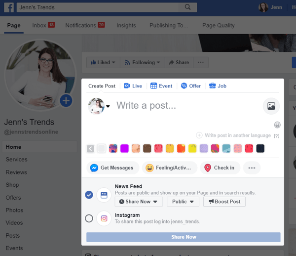 Cara mengirim silang ke Instagram dari Facebook di desktop, langkah 2, opsi untuk mengirim silang ke Instagram dari posting Facebook Anda