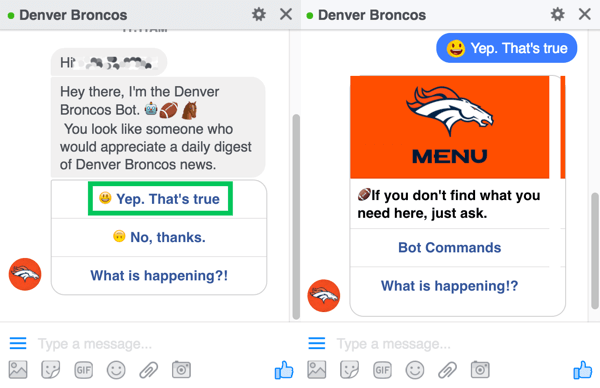 Chatbot Denver Broncos meminta pengguna untuk mendaftar intisari harian mereka.