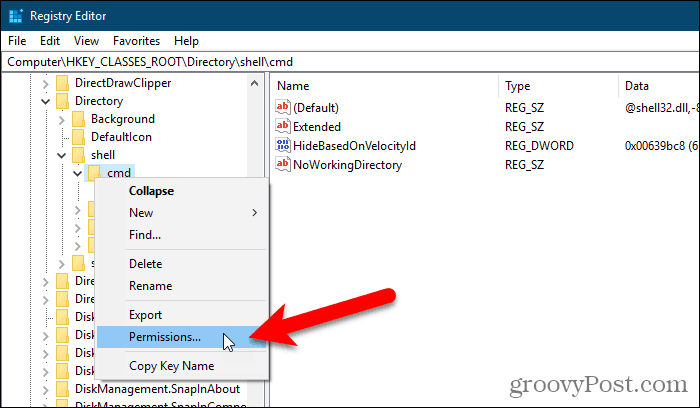 Buka kotak dialog Izin untuk kunci di Windows Registry