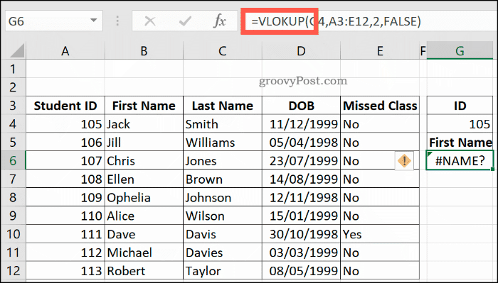 Rumus VLOOKUP yang salah eja di Excel, menghasilkan kesalahan NAME