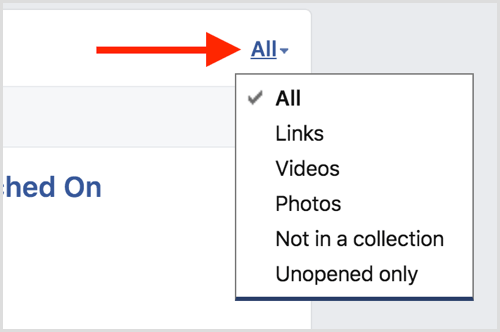 Filter daftar item tersimpan Facebook