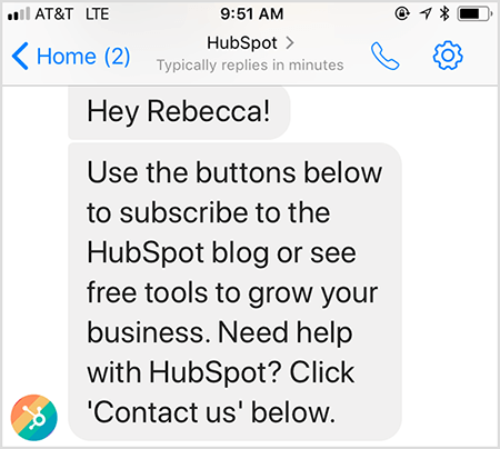 Pesan selamat datang chatbot HubSpot memungkinkan Anda menghubungi manusia.