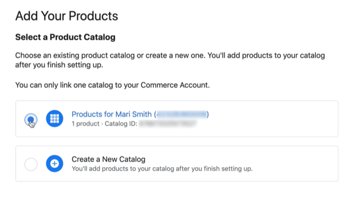 pilihan katalog produk facebook untuk menghubungkan katalog yang ada atau baru