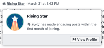 Cara menggunakan fitur Grup Facebook, contoh lencana grup Rising Star