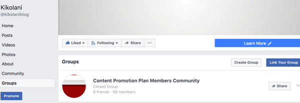 Grup tertaut Anda akan muncul di tab Grup di halaman Facebook Anda.