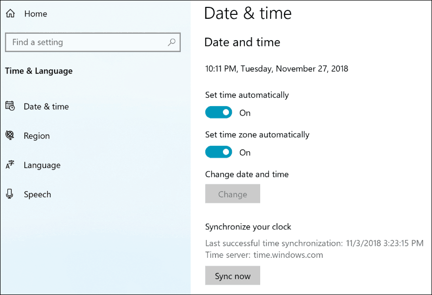 Windows 10 19H1 Pengaturan Jam Sync