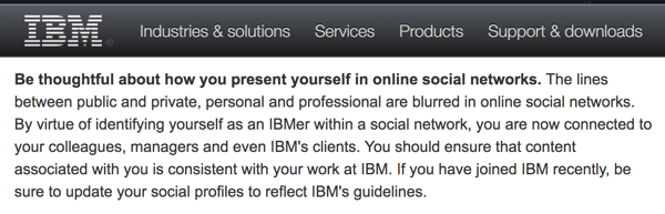 Pedoman Komputasi Sosial IBM mengingatkan karyawan bahwa mereka mewakili perusahaan bahkan di akun pribadi mereka.
