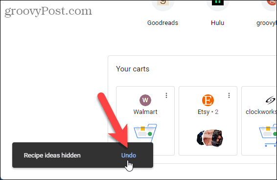 Klik Urungkan untuk menyembunyikan ide resep di laman Tab Baru Chrome