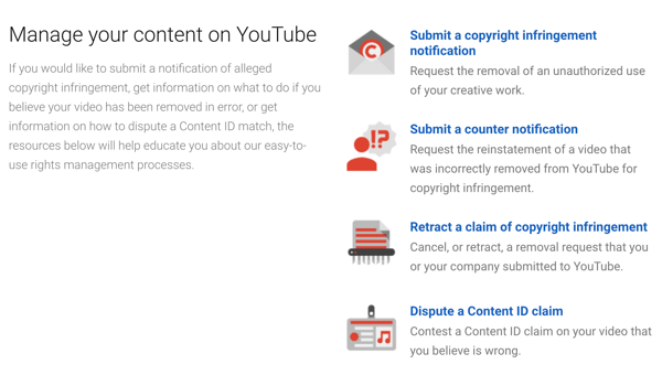 YouTube memiliki prosedur penghapusan yang dapat Anda ikuti jika seseorang melanggar hak cipta Anda.