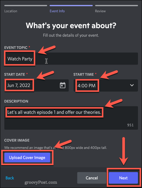 Memilih detail acara di Discord