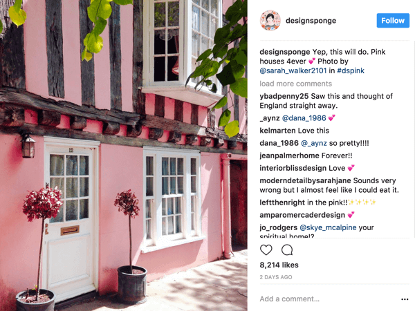 DesignSponge mendorong pengikut Instagram untuk menyumbangkan foto berdasarkan hashtag yang selalu berubah yang mendefinisikan sebuah tema.