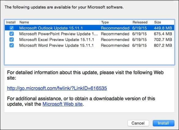 Microsoft Office 2016 untuk Pembaruan Pratinjau Mac KB3074179