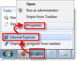 bagaimana menuju ke properti shortcut untuk shorctuts taskbar yang disematkan di windows 7