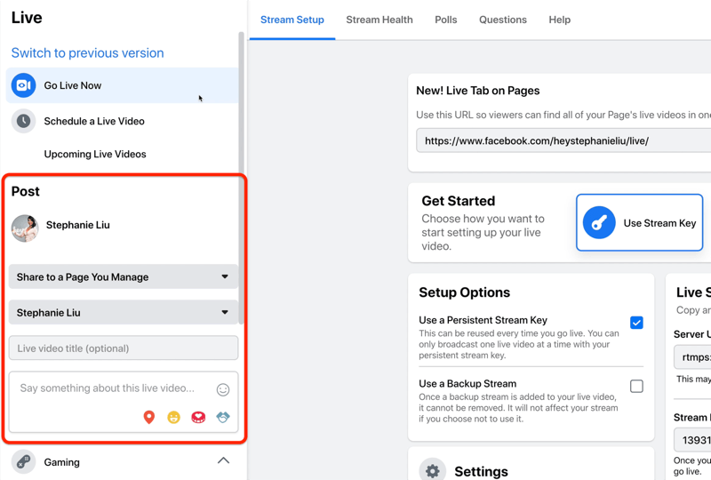 Facebook opsi pengaturan streaming langsung untuk menambahkan rincian posting untuk video langsung Anda