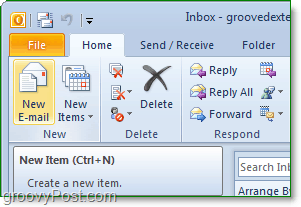 buka outlook office 2010 lalu klik buttom email baru dari home ribbon