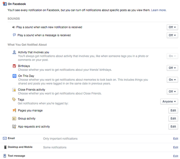 konfigurasikan pengaturan pemberitahuan umum untuk profil facebook