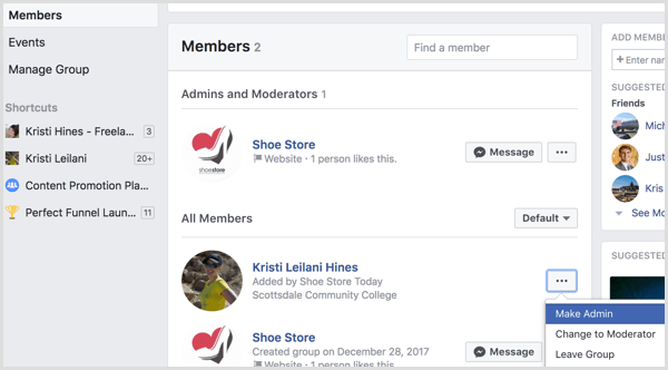 Facebook menambahkan profil ke grup sebagai admin