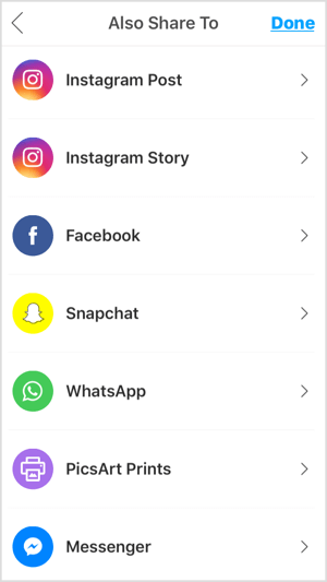 Aplikasi seluler seperti PicsArt memungkinkan Anda berbagi foto di Instagram, Facebook, dan platform lainnya.