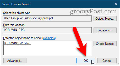 Tutup kotak dialog Pilih Pengguna atau Grup di Windows Regisry