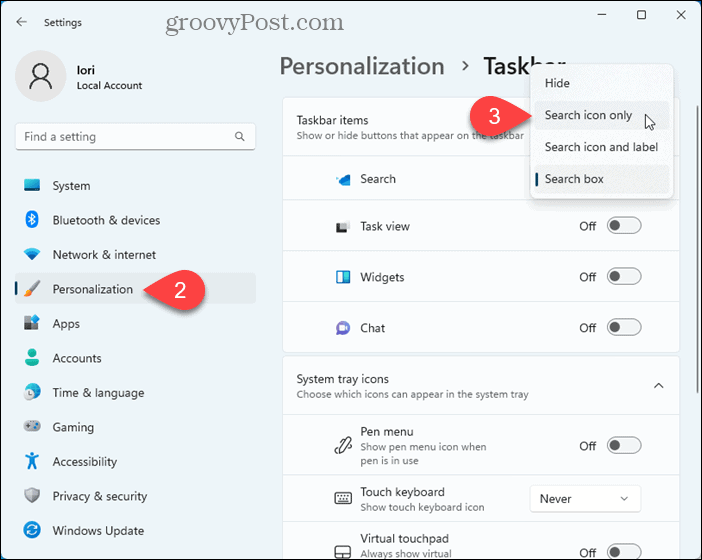 Pilih opsi untuk kotak Pencarian di Taskbar di Windows 11