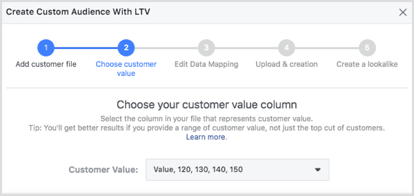 Pilih kolom nilai pelanggan Anda di kotak dialog Buat Audiens Pelanggan Dengan LTV.