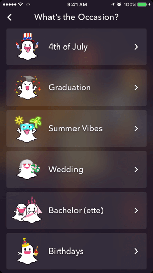 Pilih tema untuk geofilter Snapchat Anda.