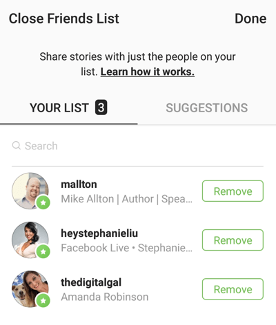 Opsi untuk mengklik Hapus untuk menghapus teman ke daftar Teman Dekat Anda di Instagram.